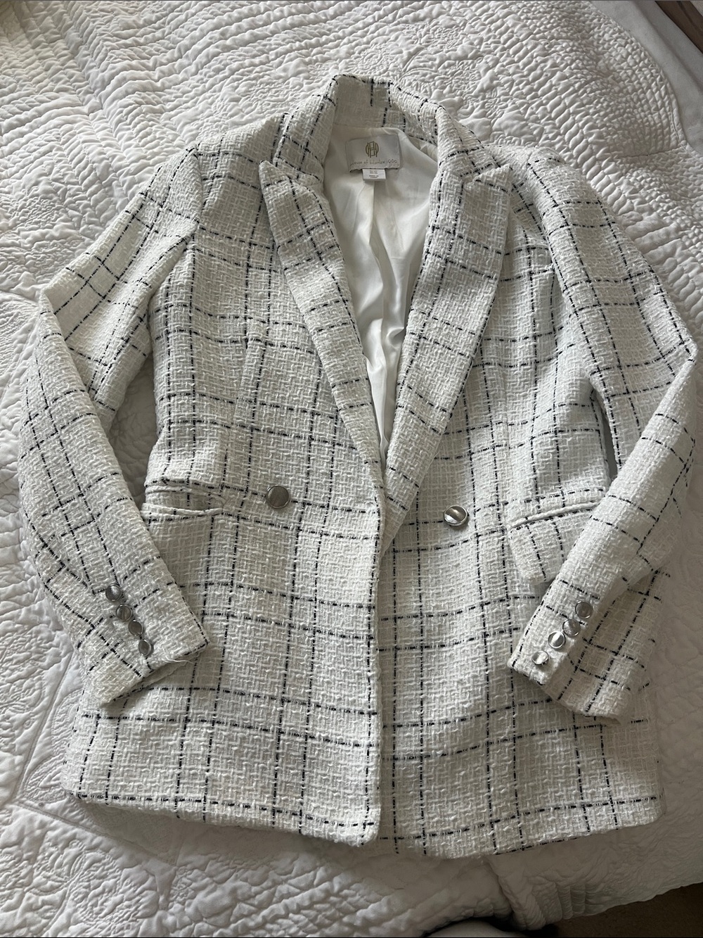 House of Harlow 1960 Cream and Black Windowpane Tweed Blazer
